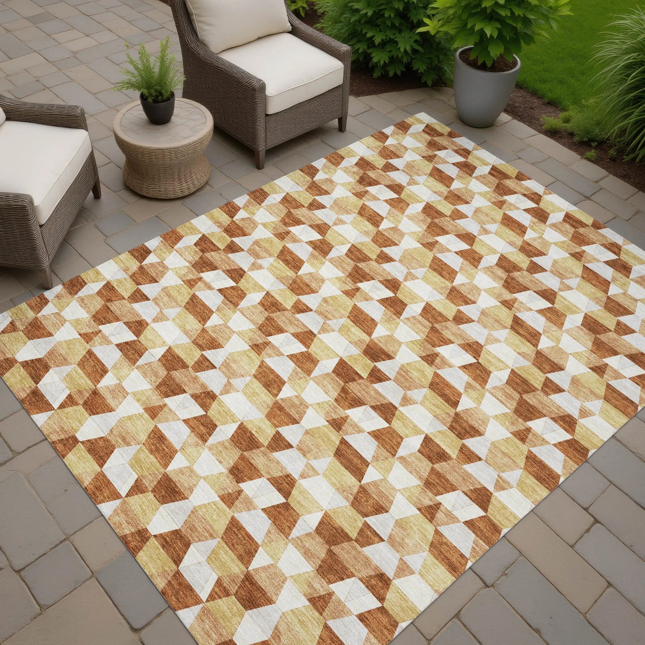 3' X 5' Orange And Silver Geometric Washable Indoor Outdoor Area Rug Homeroots Outdoor
