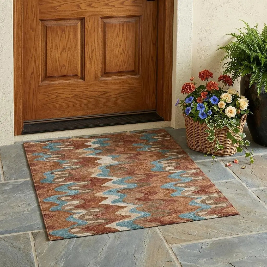 3' X 5' Orange And Teal Blue Abstract Washable Indoor Outdoor Area Rug Homeroots Outdoor