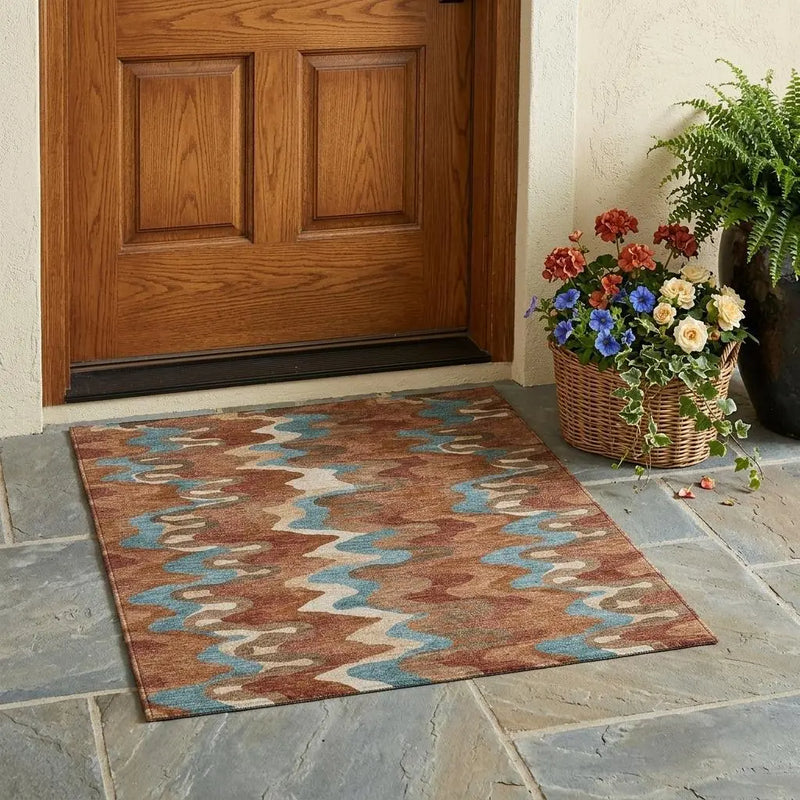 3' X 5' Orange And Teal Blue Abstract Washable Indoor Outdoor Area Rug Homeroots Outdoor