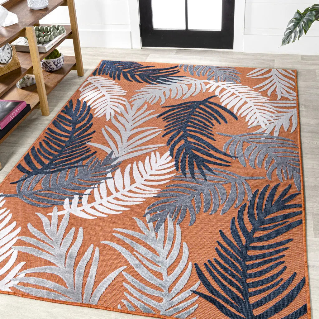 3' X 5' Orange Navy Blue And Ivory Floral Indoor Outdoor Area Rug - GreatEagleInc