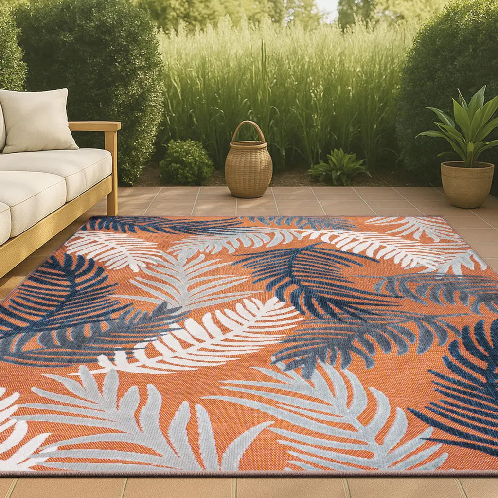 3' X 5' Orange Navy Blue And Ivory Floral Indoor Outdoor Area Rug - GreatEagleInc