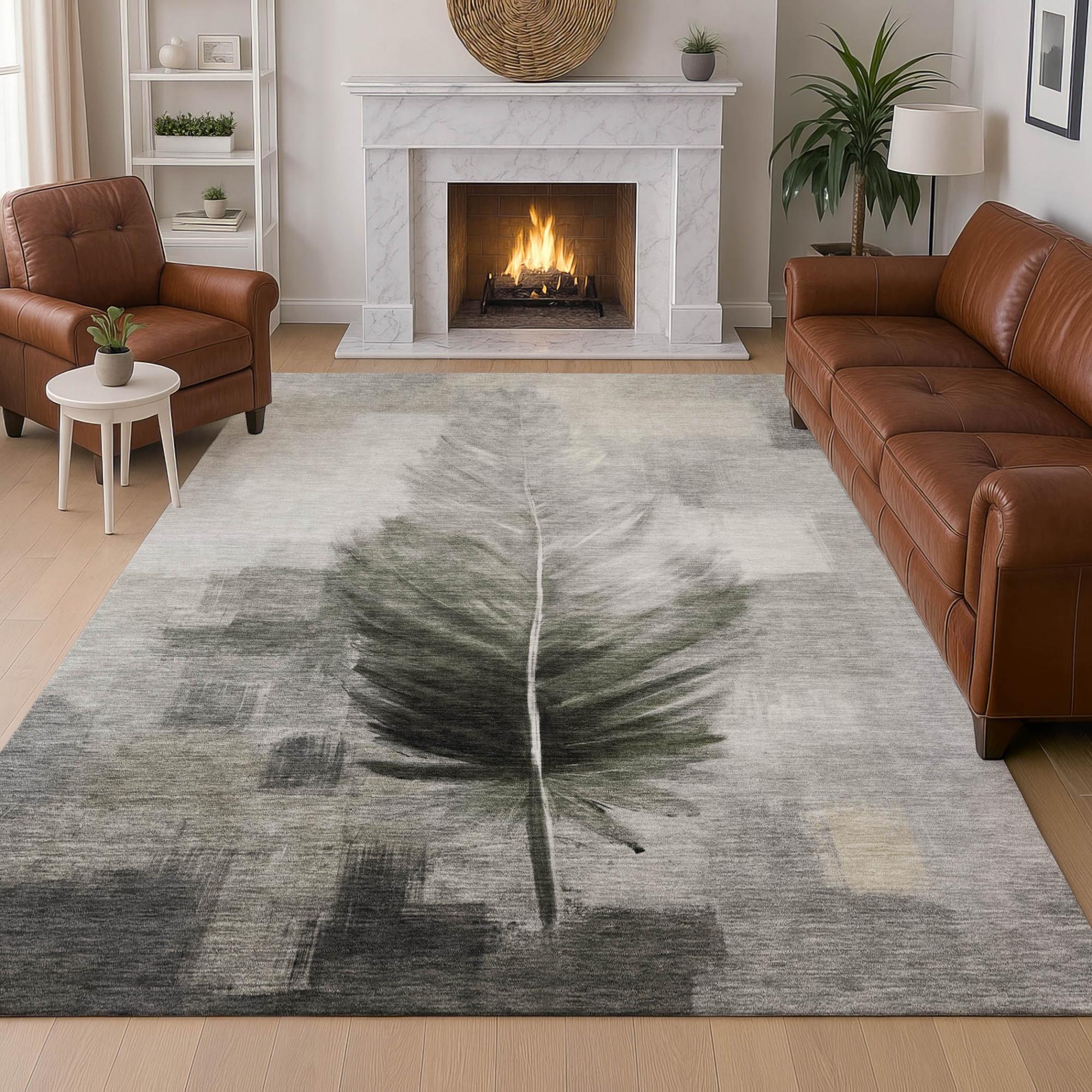3' X 5' Pewter And Gray Botanical Leaves Washable Indoor Outdoor Area Rug Homeroots Outdoor