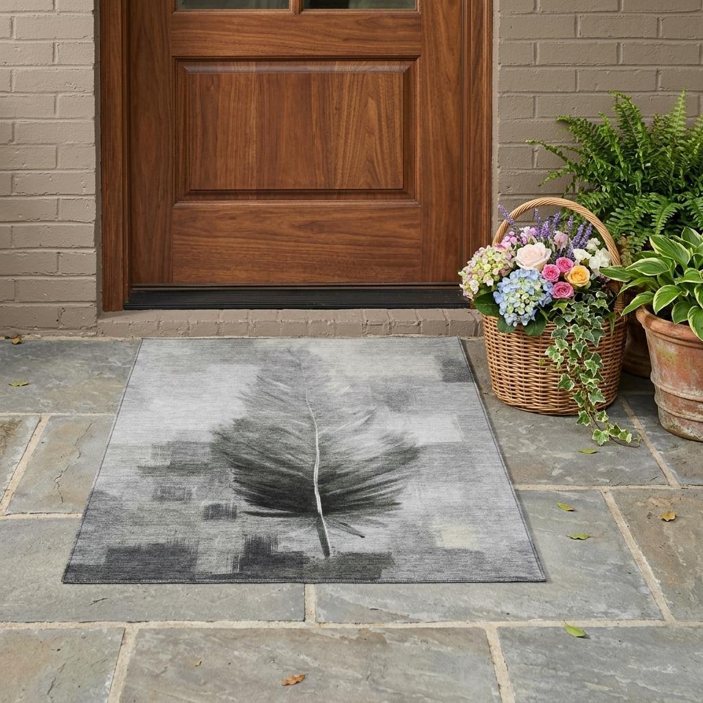 3' X 5' Pewter And Gray Botanical Leaves Washable Indoor Outdoor Area Rug Homeroots Outdoor