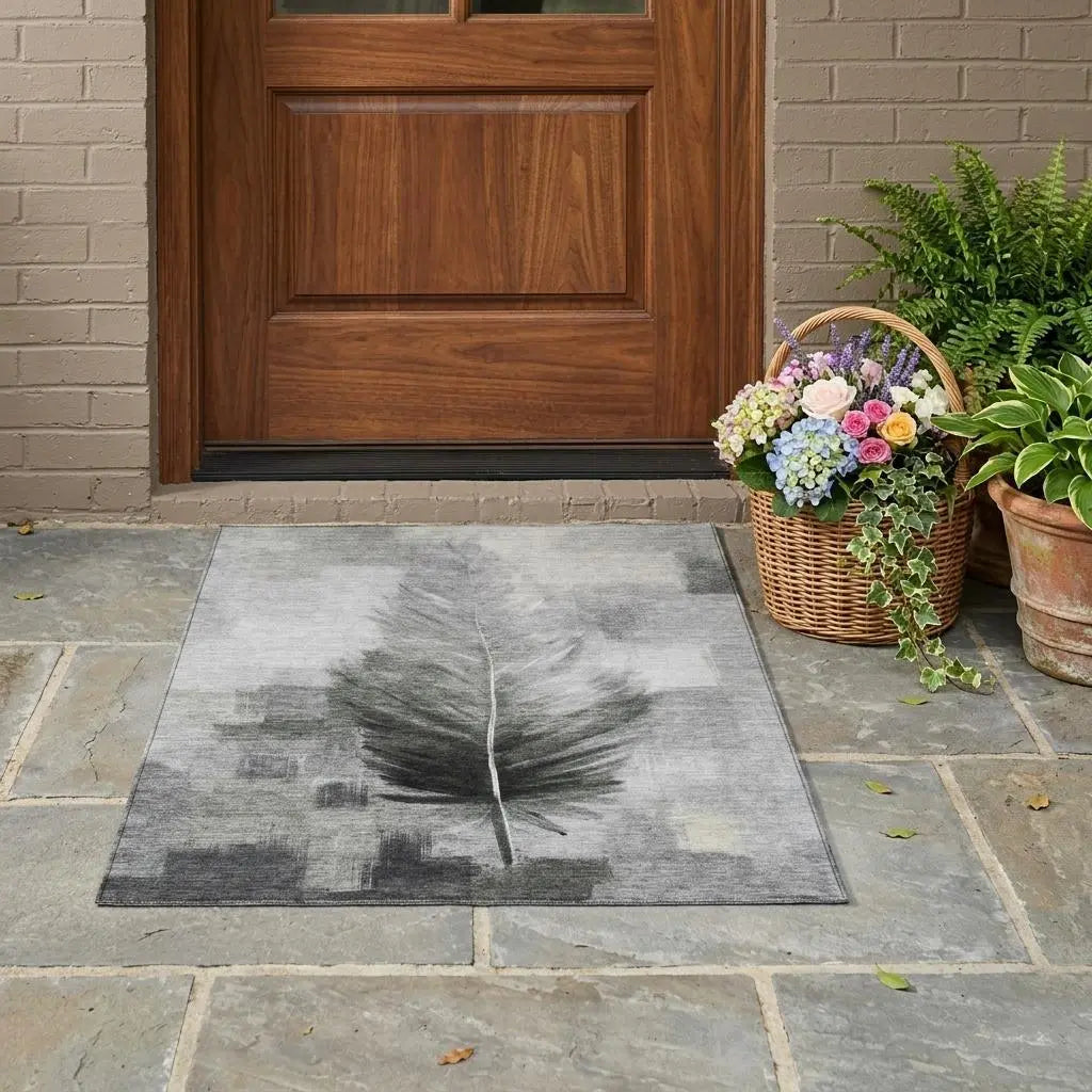 3' X 5' Pewter And Gray Botanical Leaves Washable Indoor Outdoor Area Rug Homeroots Outdoor