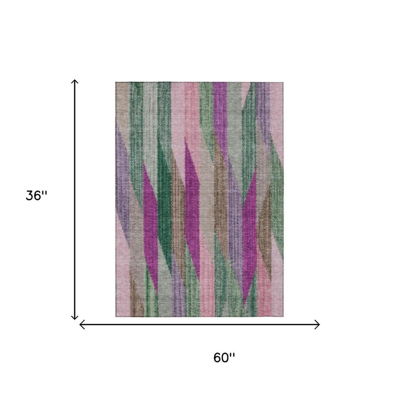 3' X 5' Pink And Green Striped Washable Indoor Outdoor Area Rug Homeroots Outdoor