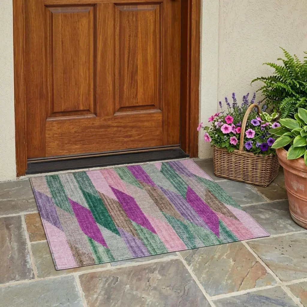 3' X 5' Pink And Green Striped Washable Indoor Outdoor Area Rug Homeroots Outdoor