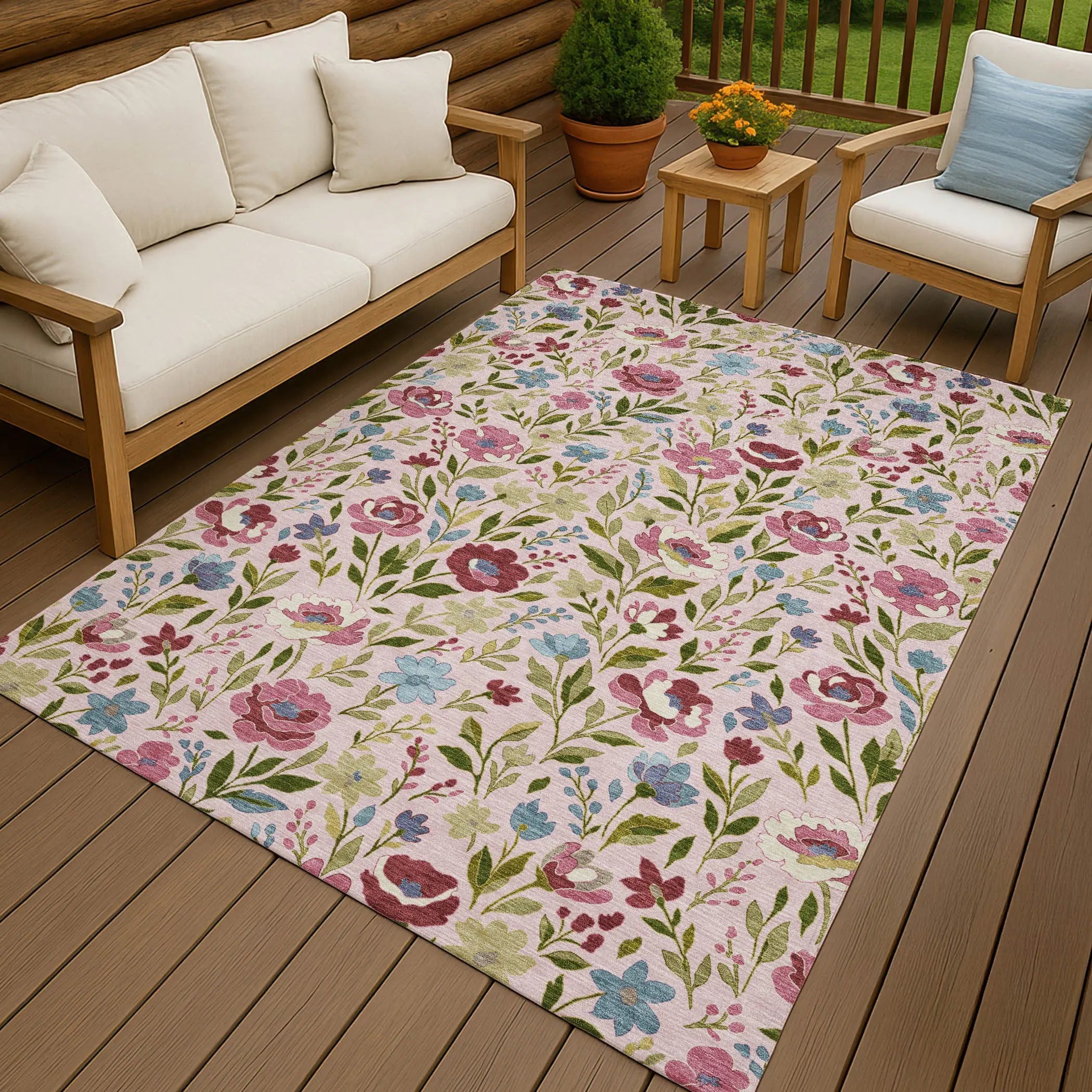 3' X 5' Pink And Linen Floral Washable Indoor Outdoor Area Rug Homeroots Outdoor