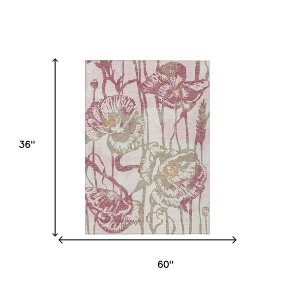 3' X 5' Pink And Linen Floral Washable Indoor Outdoor Area Rug Homeroots Outdoor