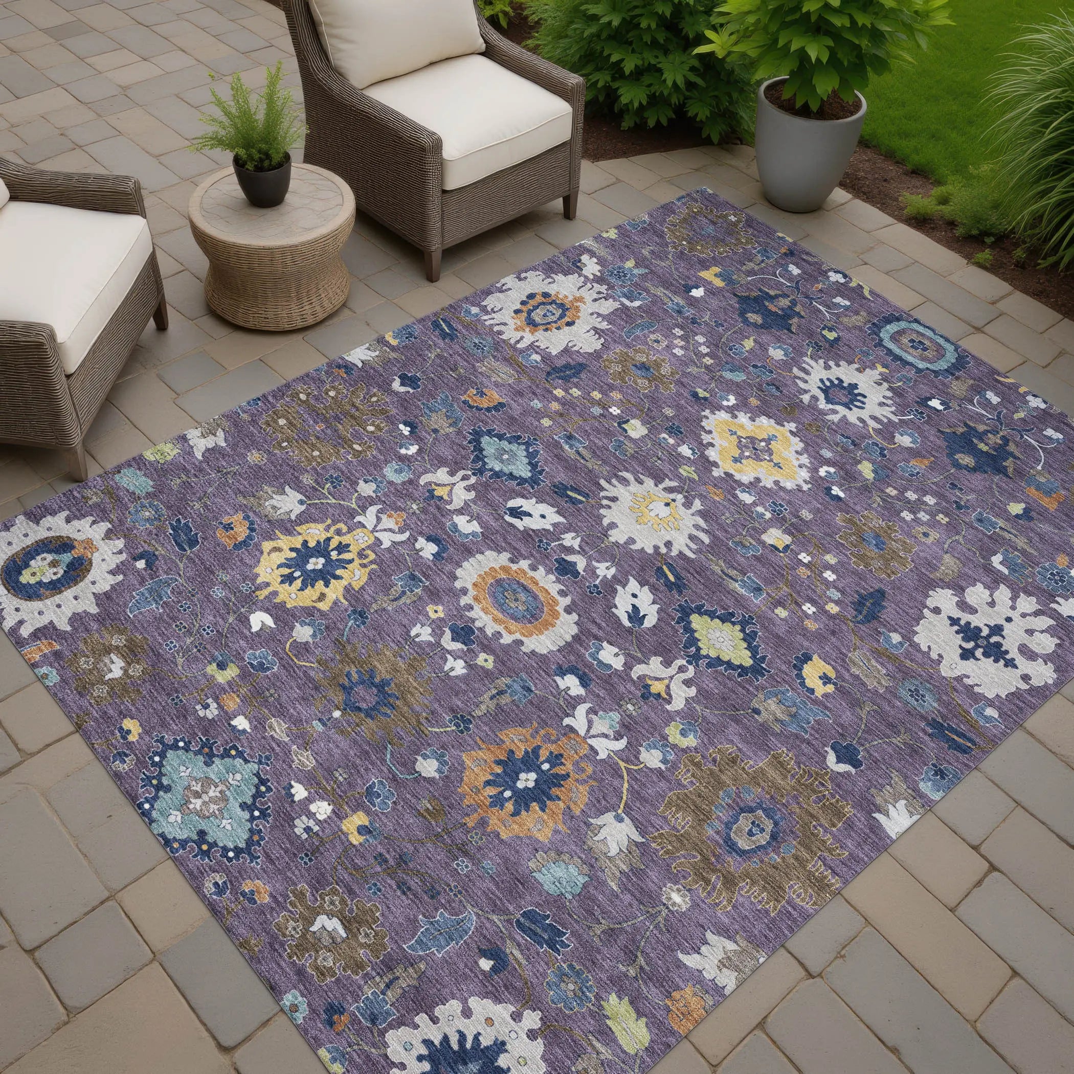 3' X 5' Plum And Navy Blue Floral Medallion Washable Indoor Outdoor Area Rug Homeroots Outdoor