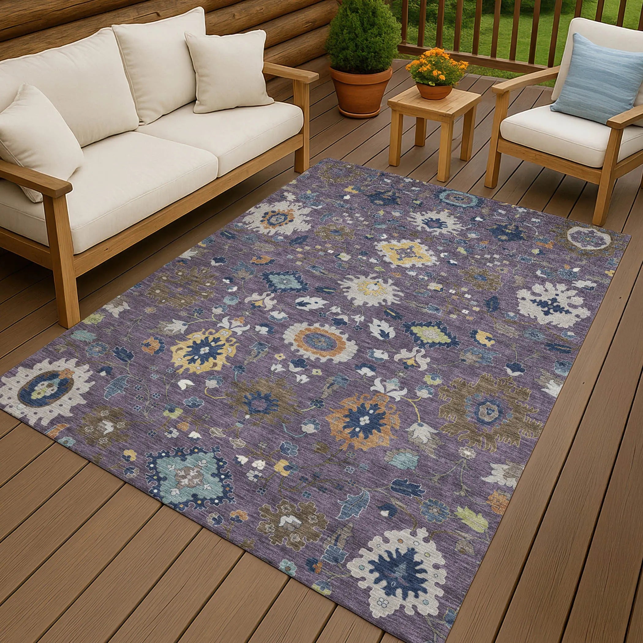 3' X 5' Plum And Navy Blue Floral Medallion Washable Indoor Outdoor Area Rug Homeroots Outdoor