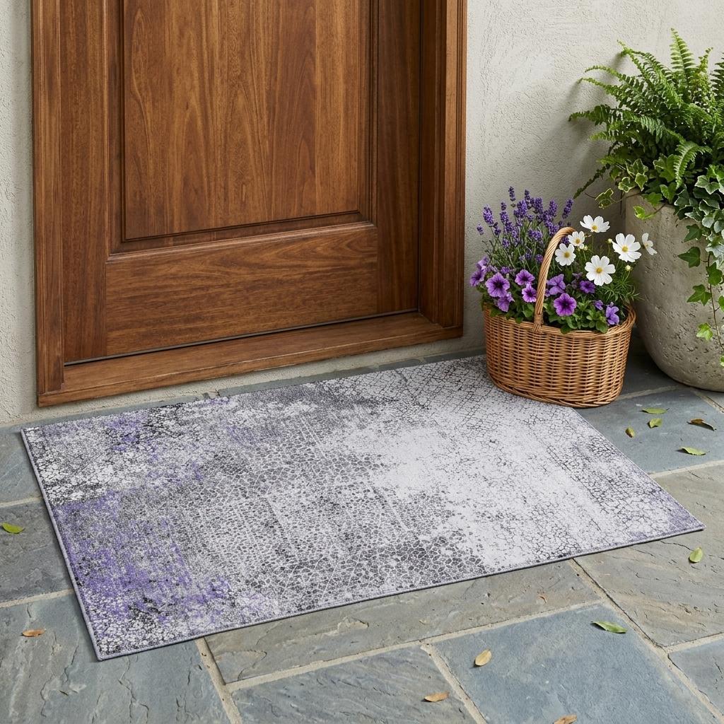 3' X 5' Purple And Pewter Abstract Washable Indoor Outdoor Area Rug Homeroots Outdoor