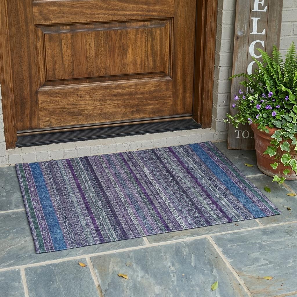 3' X 5' Purple And Plum Striped Washable Indoor Outdoor Area Rug Homeroots Outdoor