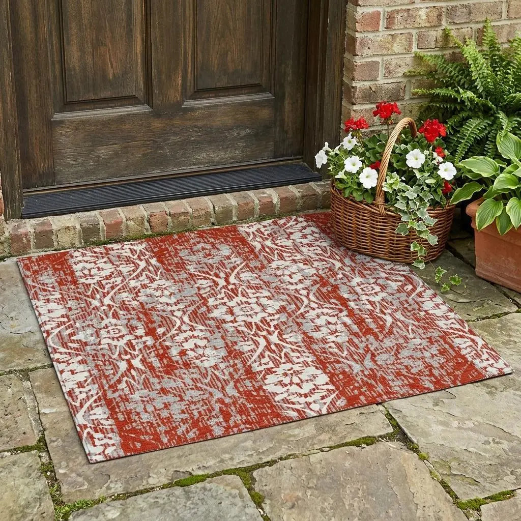 3' X 5' Red And Burgundy Damask Washable Indoor Outdoor Area Rug Homeroots Outdoor