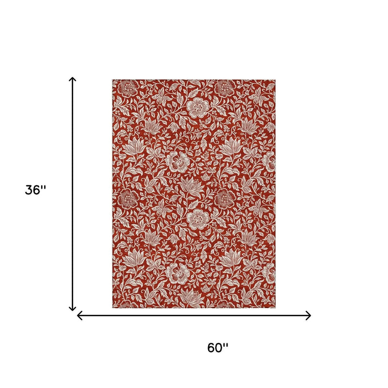 Red floral fabric panel, 36" x 60", made of soft cotton with intricate white and green detailing. Perfect for curtains or upholstery.