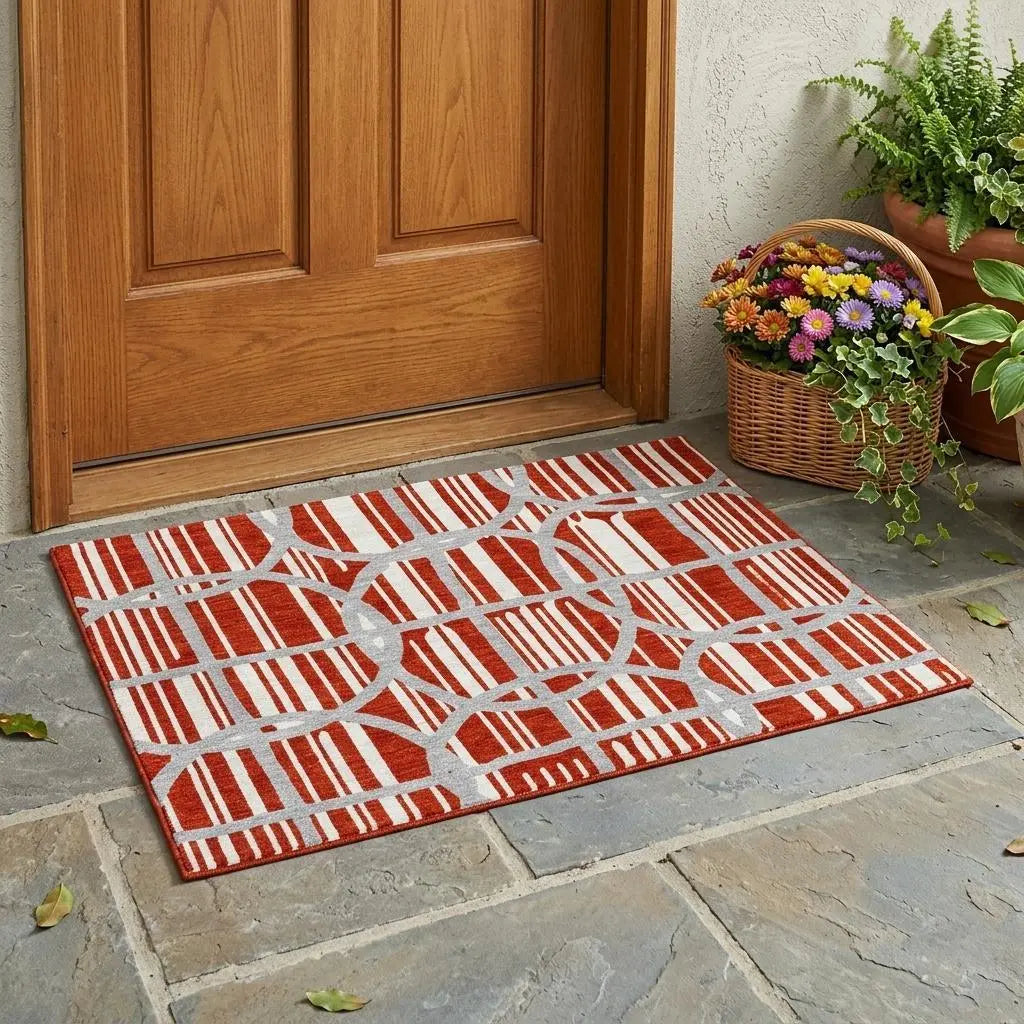 3' X 5' Red And Ivory Geometric Washable Indoor Outdoor Area Rug Homeroots Outdoor