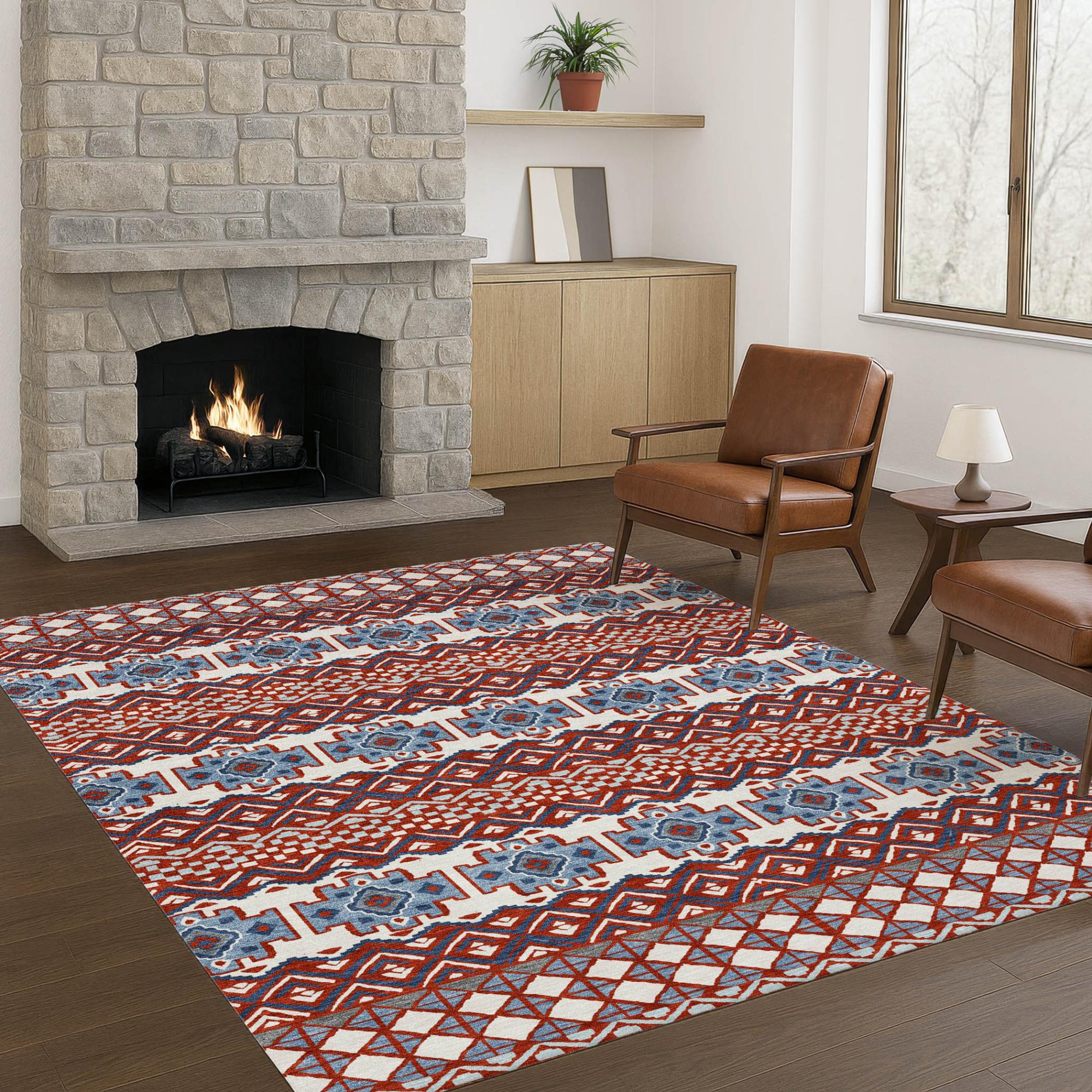 Red and blue geometric patterned area rug, featuring a plush texture, perfect for modern living rooms.