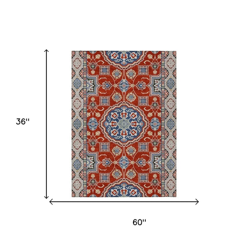 3' X 5' Red And Silver Floral Medallion Washable Indoor Outdoor Area Rug Homeroots Outdoor
