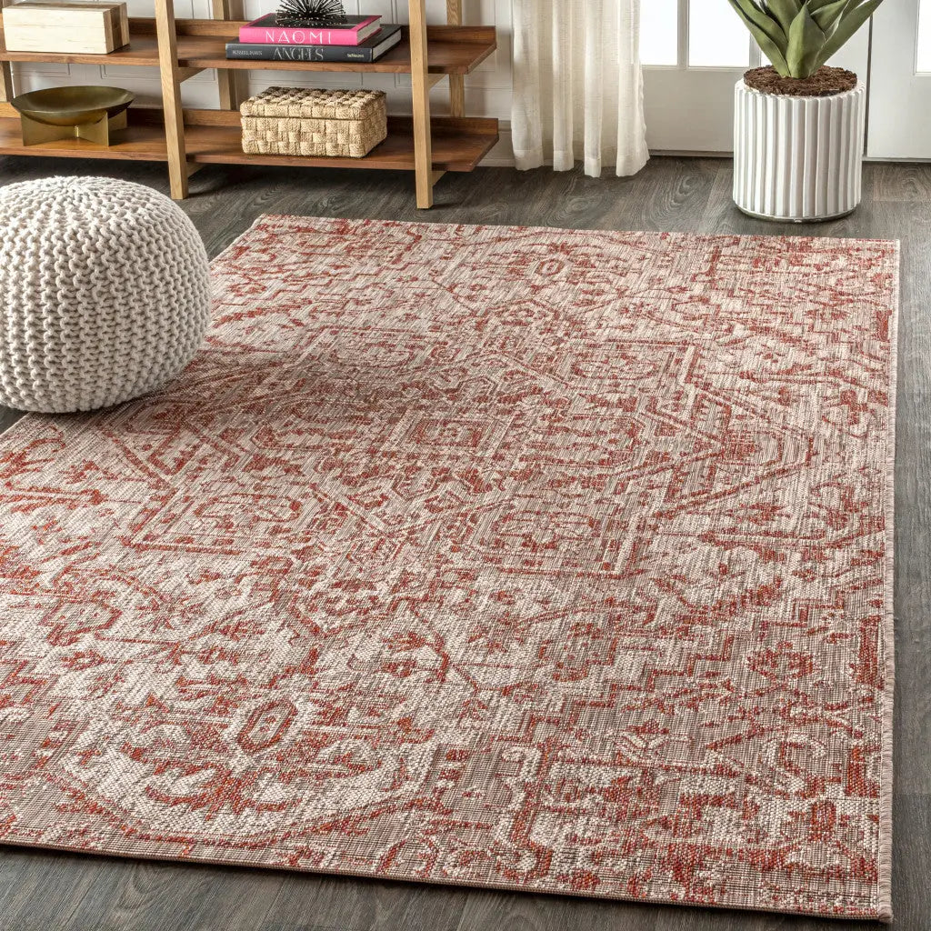 3' X 5' Red And Taupe Medallion Indoor Outdoor Area Rug Homeroots Outdoor