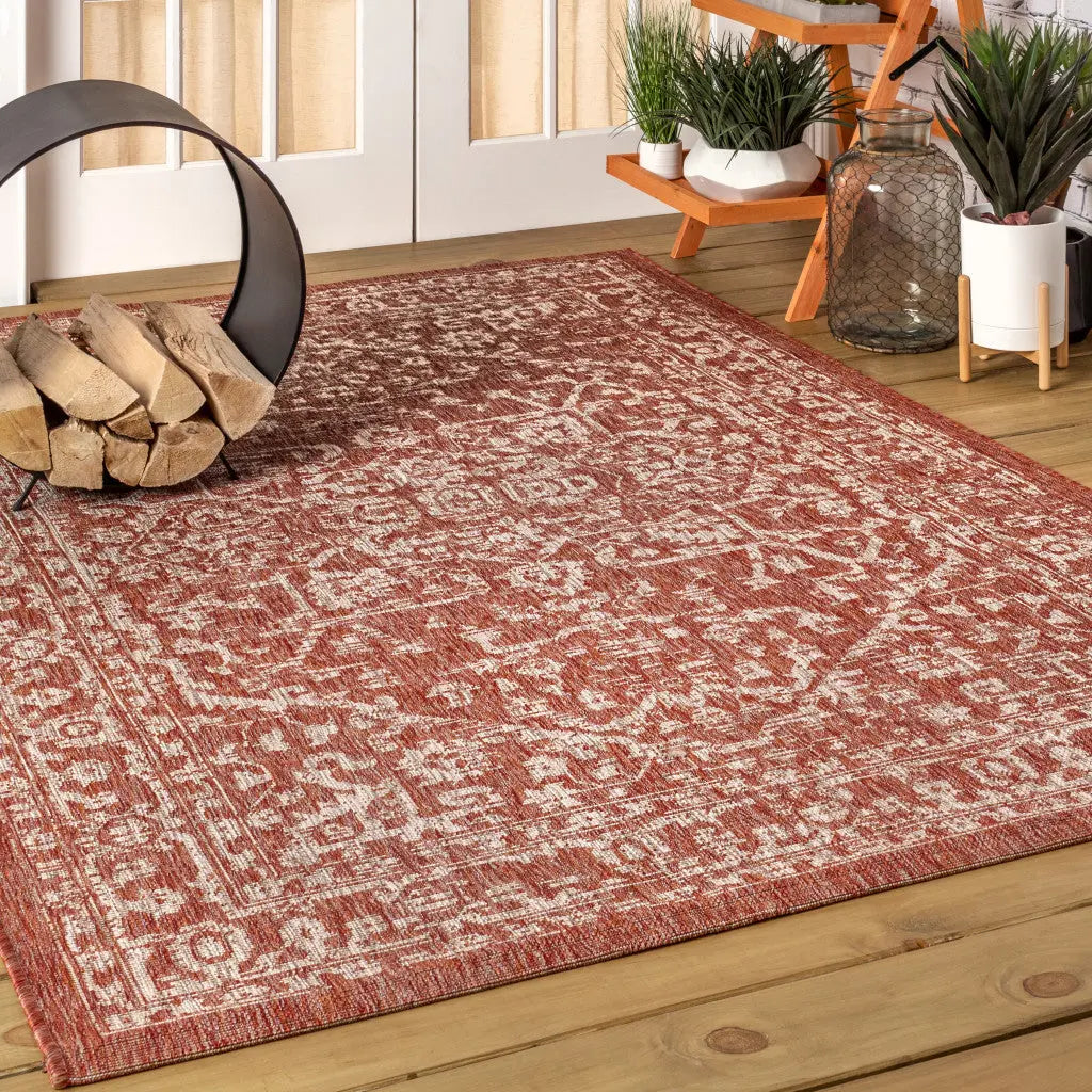3' X 5' Red And Taupe Medallion Indoor Outdoor Area Rug Homeroots Outdoor