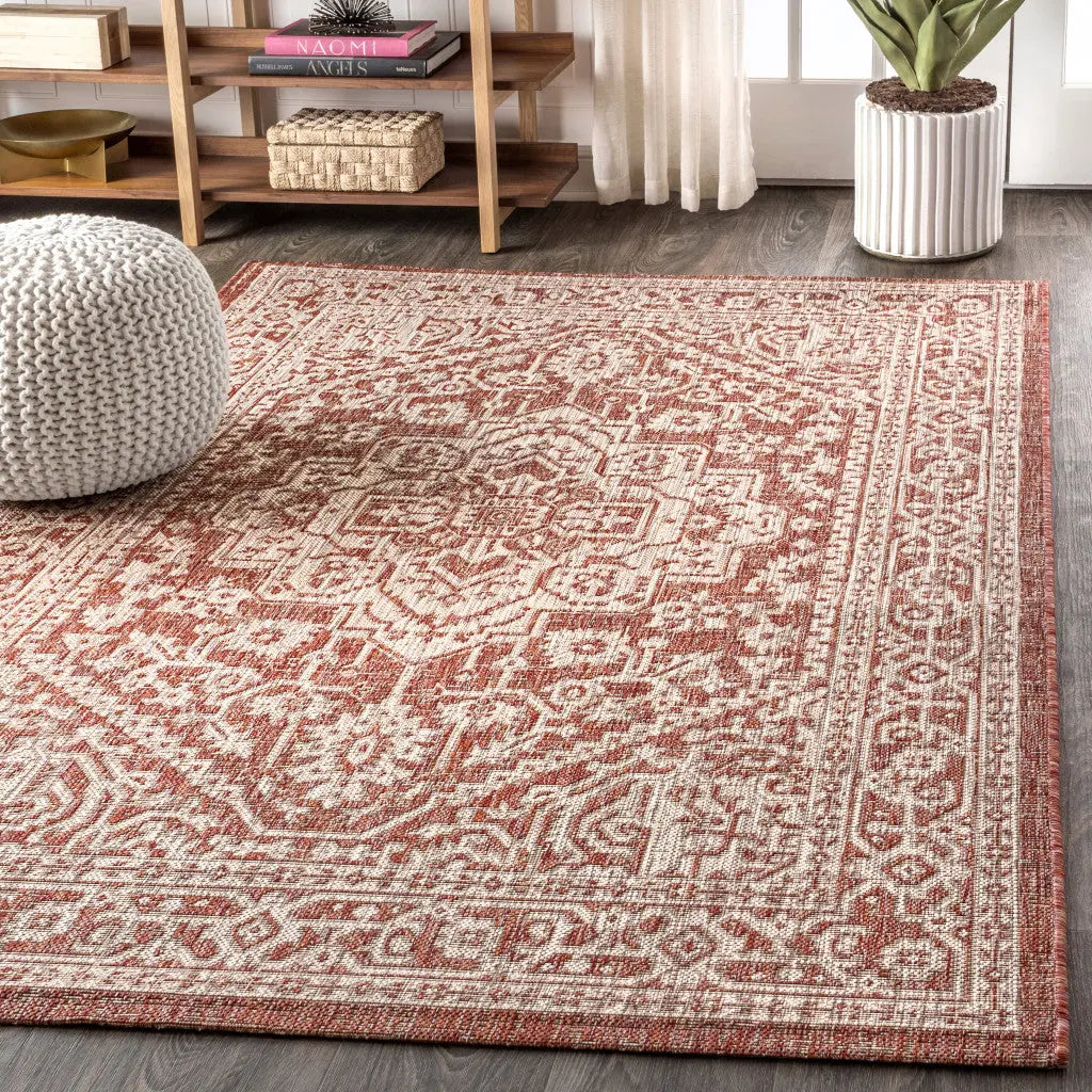 3' X 5' Red And Taupe Medallion Indoor Outdoor Area Rug Homeroots Outdoor