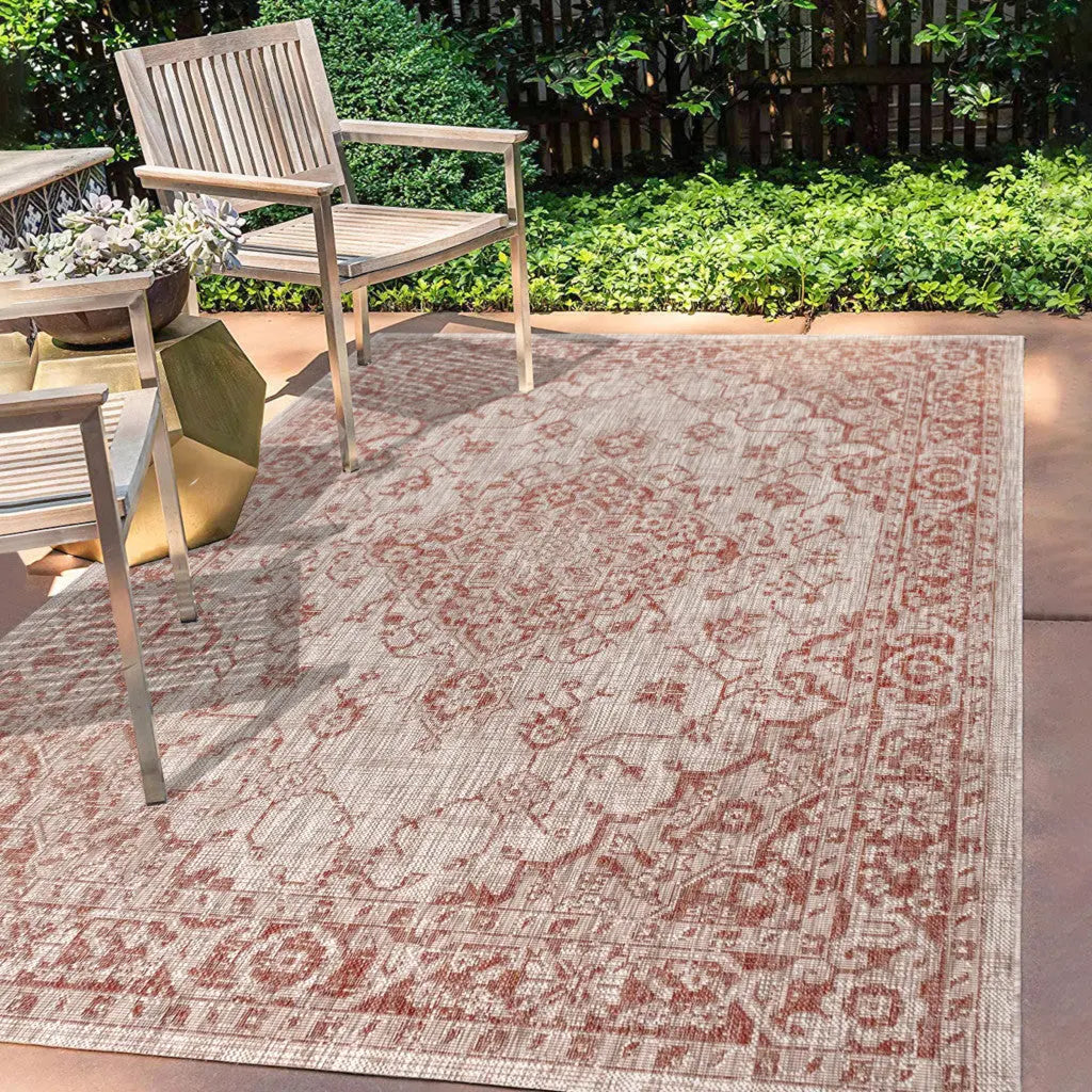 3' X 5' Red And Taupe Medallion Indoor Outdoor Area Rug Homeroots Outdoor