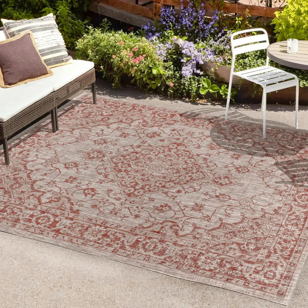 3' X 5' Red And Taupe Medallion Indoor Outdoor Area Rug Homeroots Outdoor