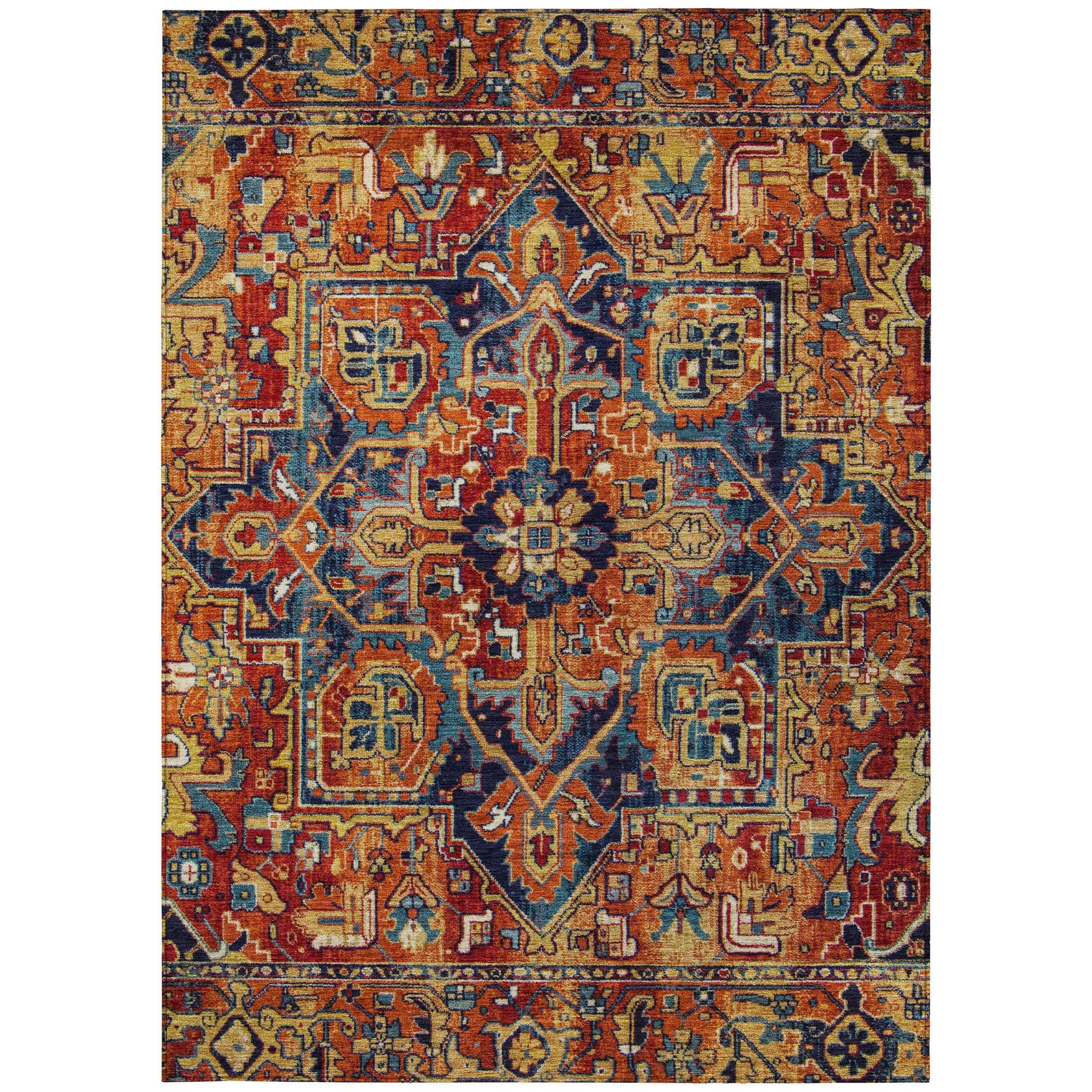 3' X 5' Red Orange and Blue Oriental Washable Non Skid Indoor Outdoor Area Rug - GreatEagleInc