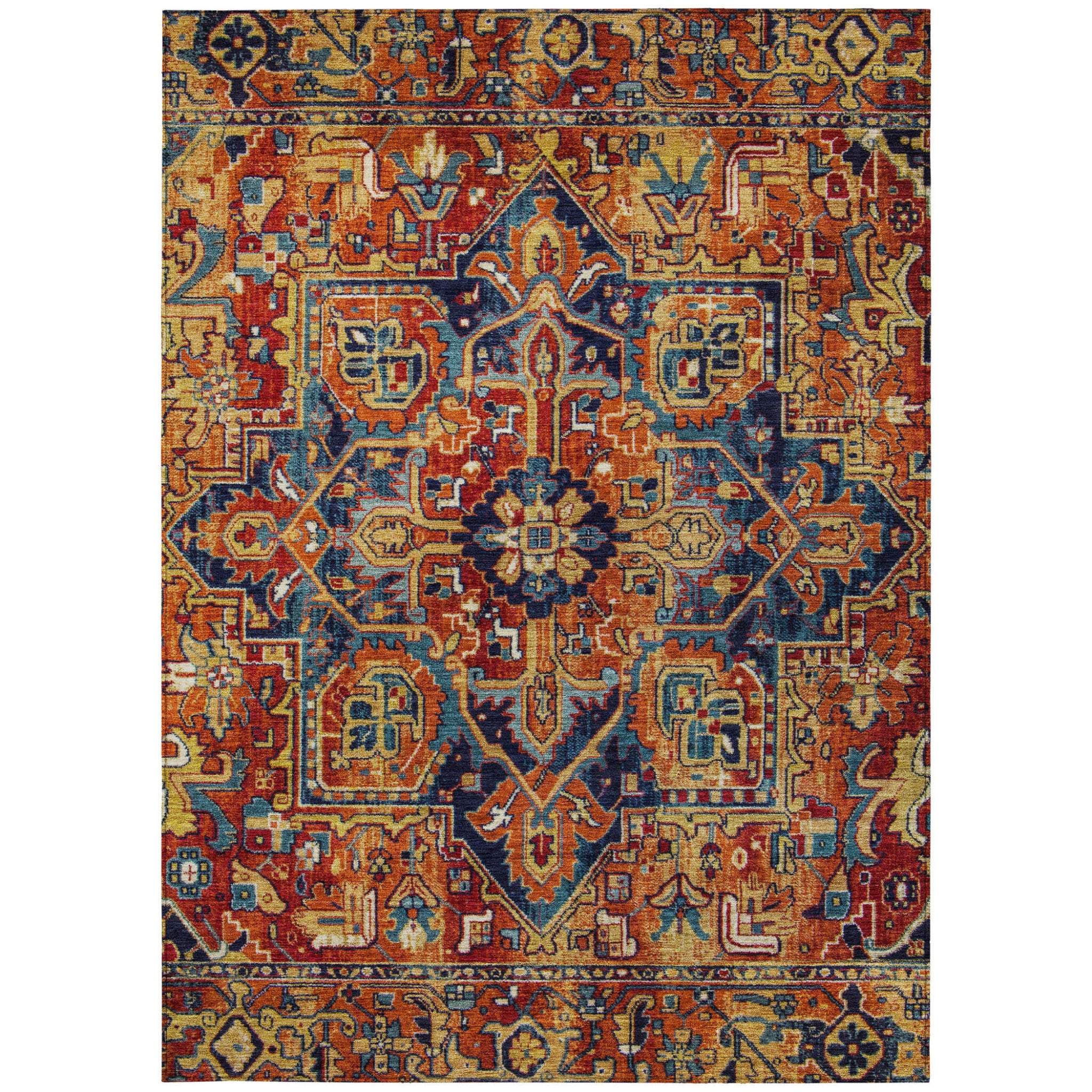 3' X 5' Red Orange and Blue Oriental Washable Non Skid Indoor Outdoor Area Rug - GreatEagleInc