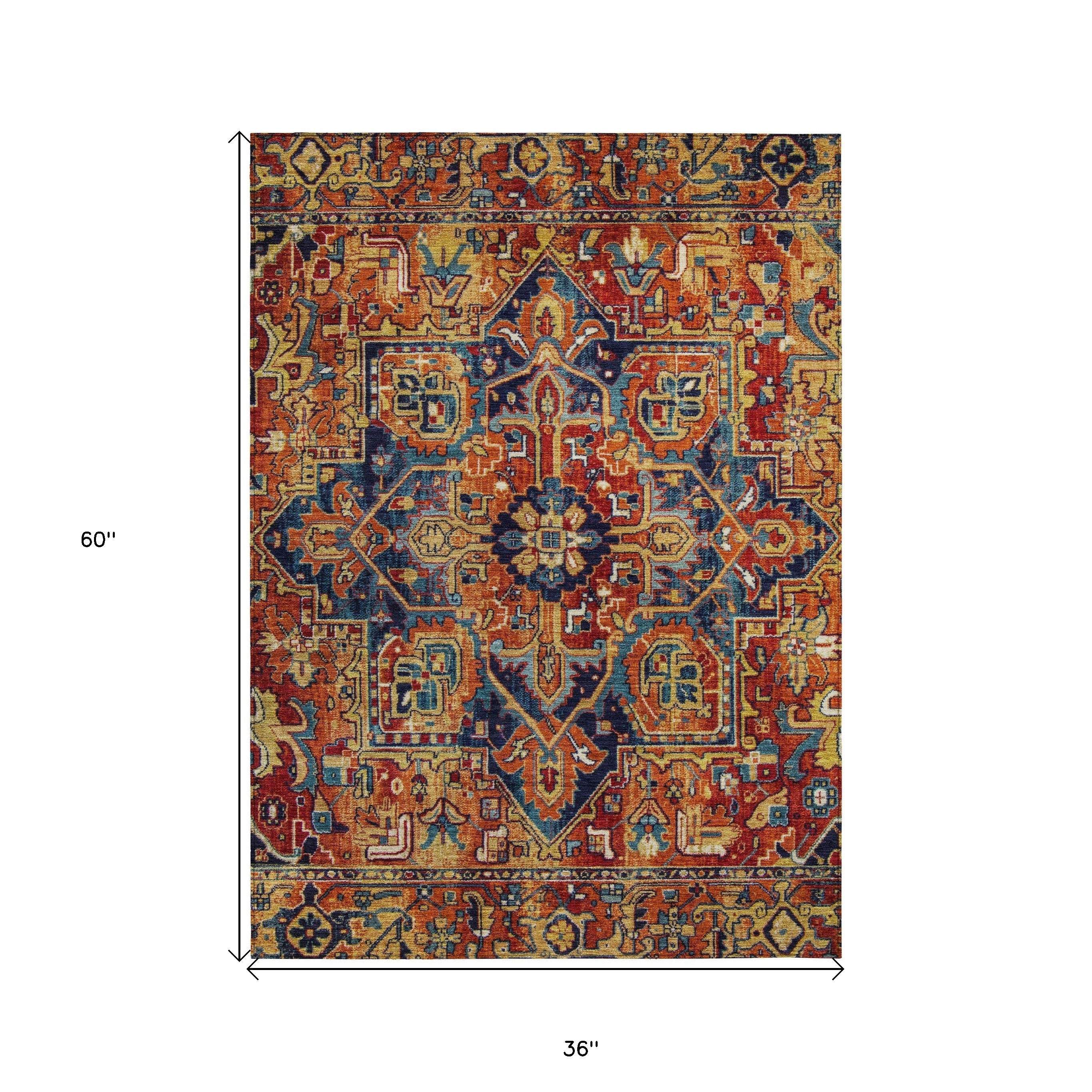 3' X 5' Red Orange and Blue Oriental Washable Non Skid Indoor Outdoor Area Rug - GreatEagleInc