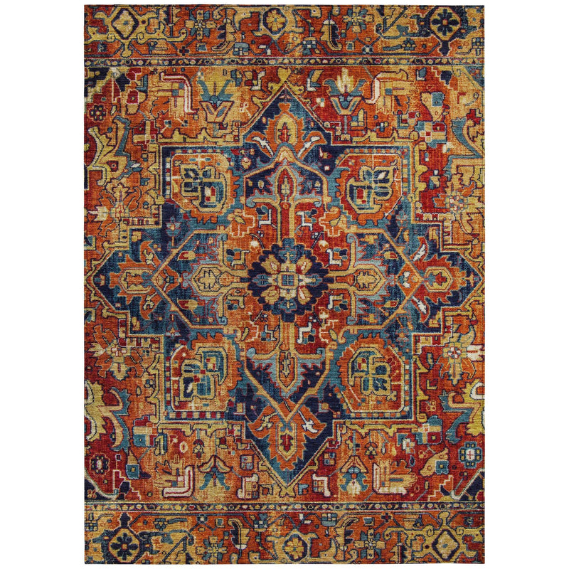 3' X 5' Red Orange and Blue Oriental Washable Non Skid Indoor Outdoor Area Rug - GreatEagleInc