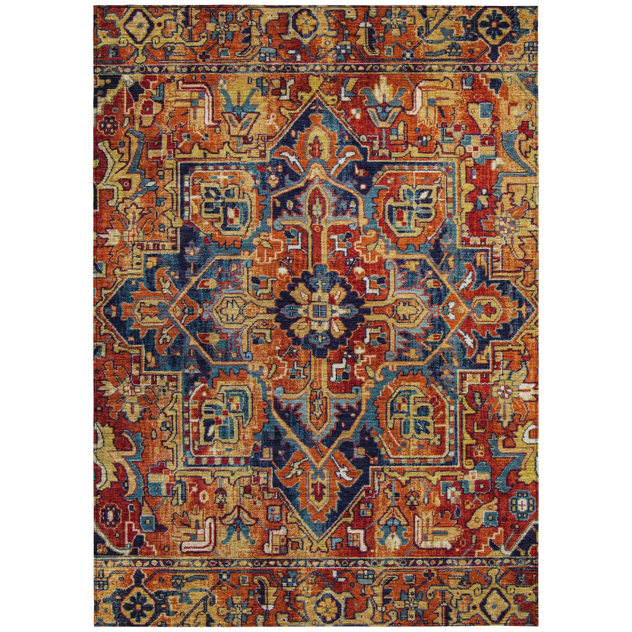 3' X 5' Red Orange and Blue Oriental Washable Non Skid Indoor Outdoor Area Rug - GreatEagleInc