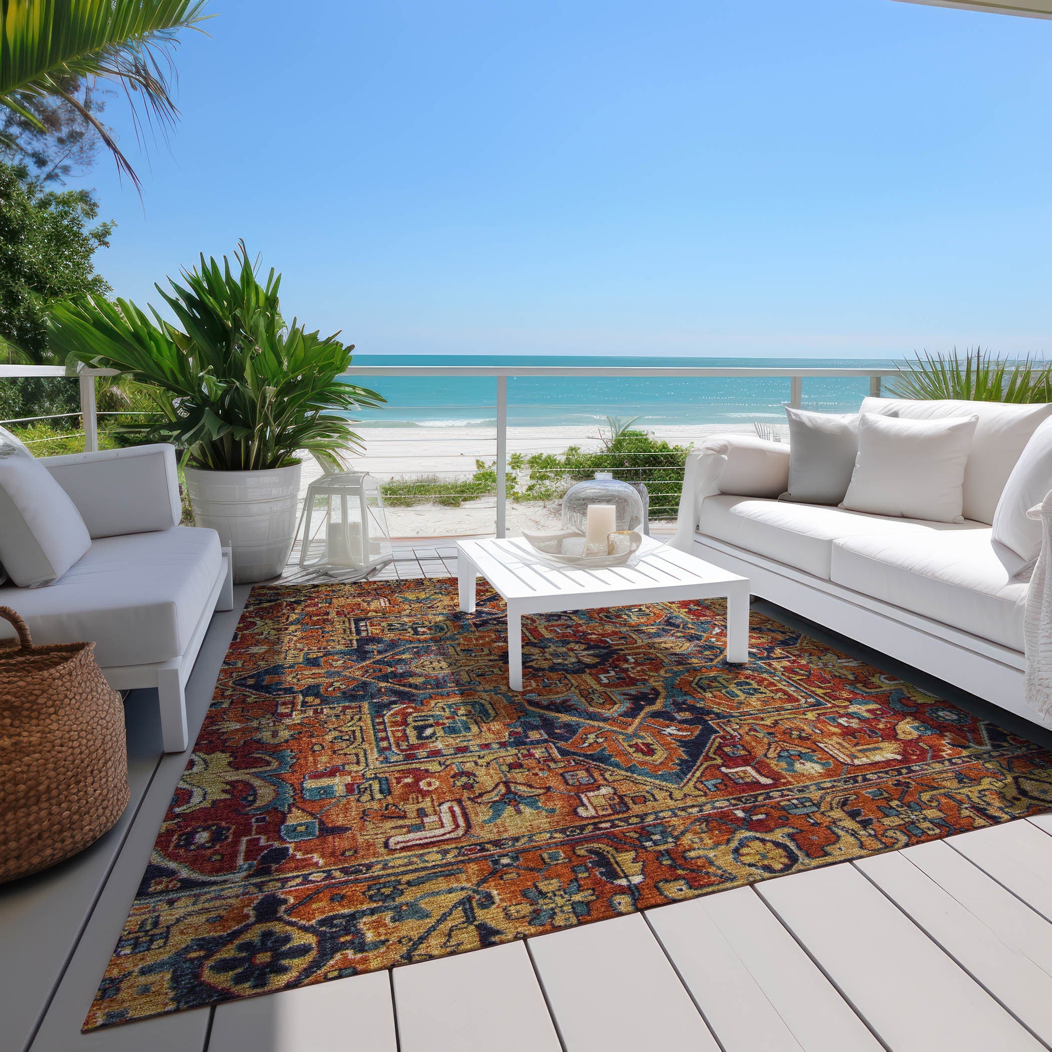 3' X 5' Red Orange and Blue Oriental Washable Non Skid Indoor Outdoor Area Rug - GreatEagleInc