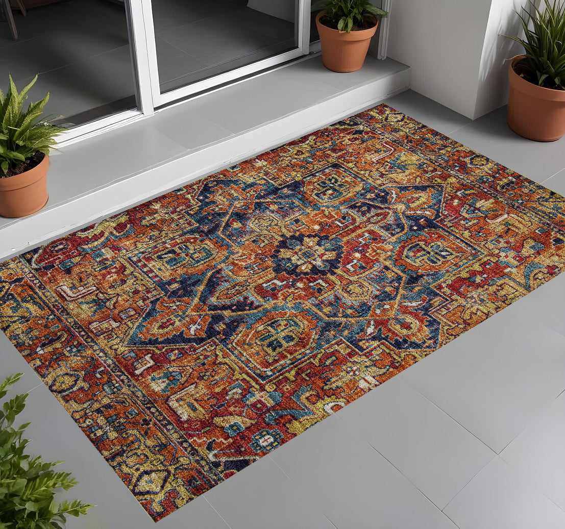 3' X 5' Red Orange and Blue Oriental Washable Non Skid Indoor Outdoor Area Rug - GreatEagleInc