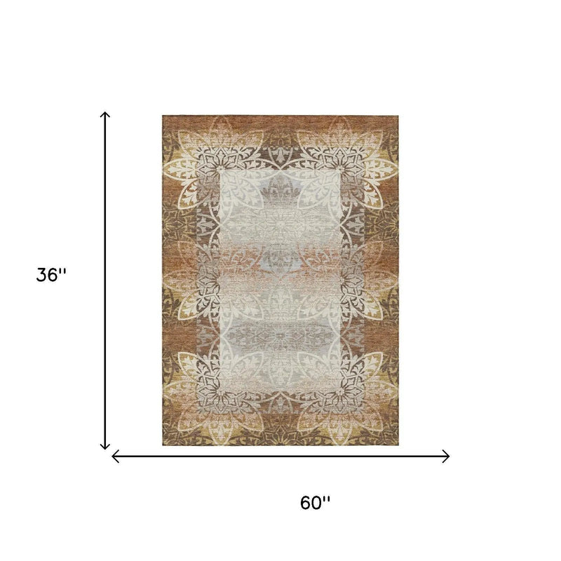 3' X 5' Rust And Orange Oriental Washable Indoor Outdoor Area Rug Homeroots Outdoor