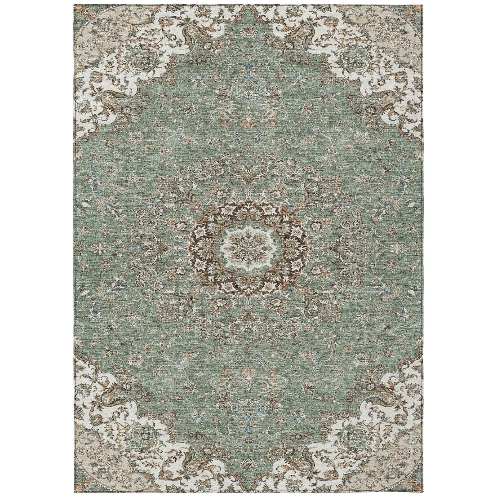 3' X 5' Sage And Beige Floral Medallion Washable Indoor Outdoor Area Rug Homeroots Outdoor