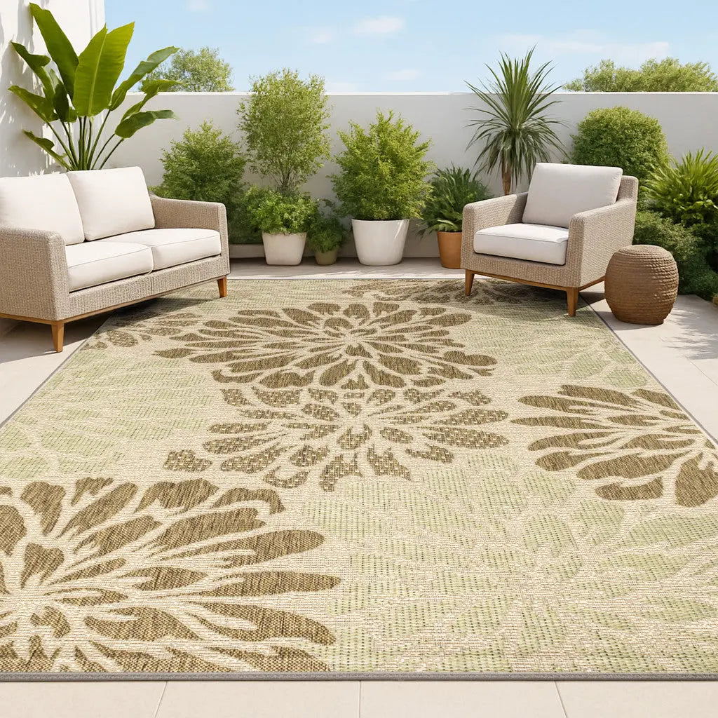 3' X 5' Sage And Brown Floral Indoor Outdoor Area Rug Homeroots Outdoor