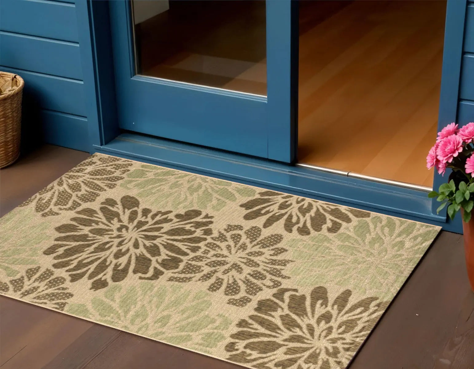 3' X 5' Sage And Brown Floral Indoor Outdoor Area Rug Homeroots Outdoor
