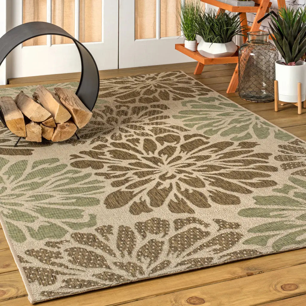 3' X 5' Sage And Brown Floral Indoor Outdoor Area Rug Homeroots Outdoor