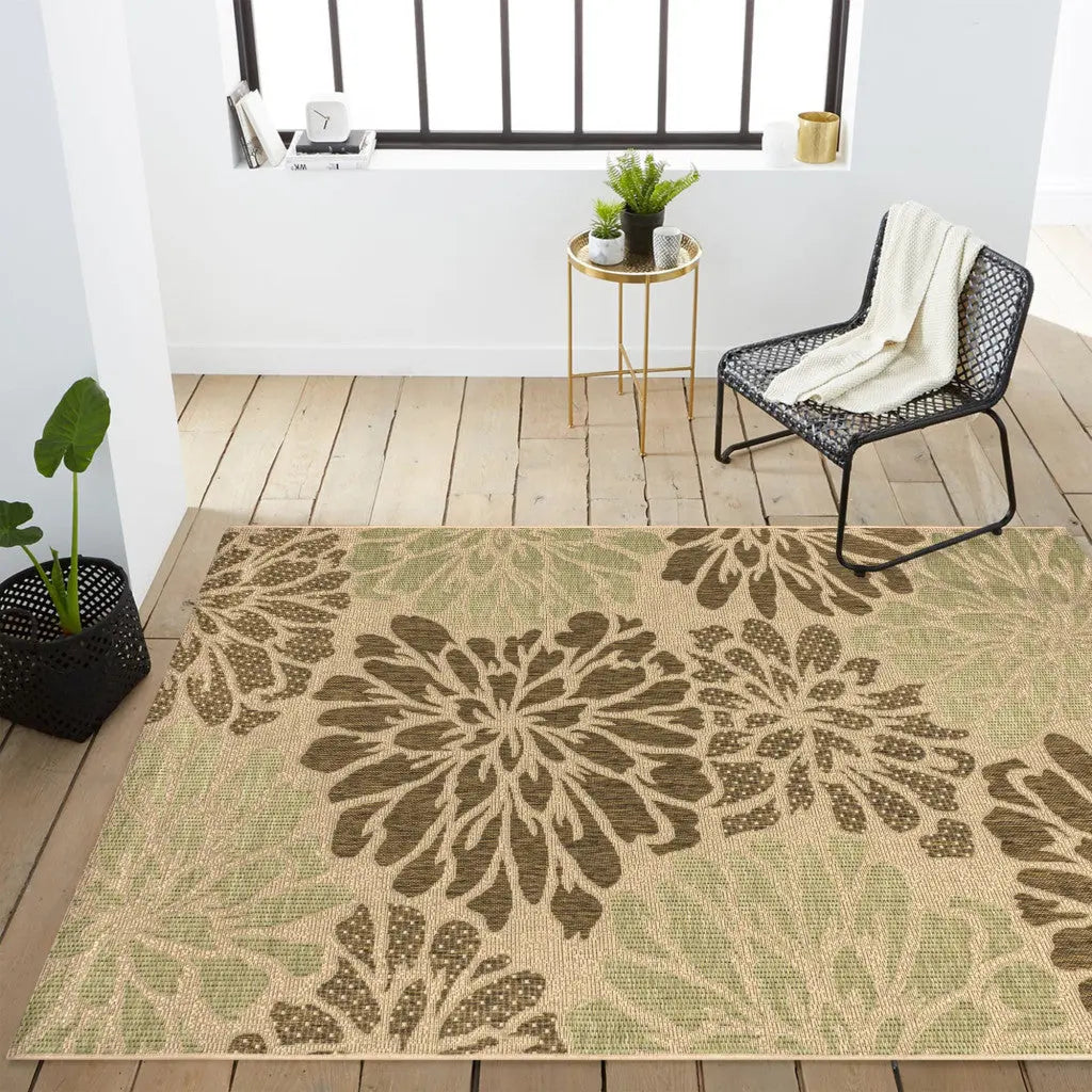 3' X 5' Sage And Brown Floral Indoor Outdoor Area Rug Homeroots Outdoor