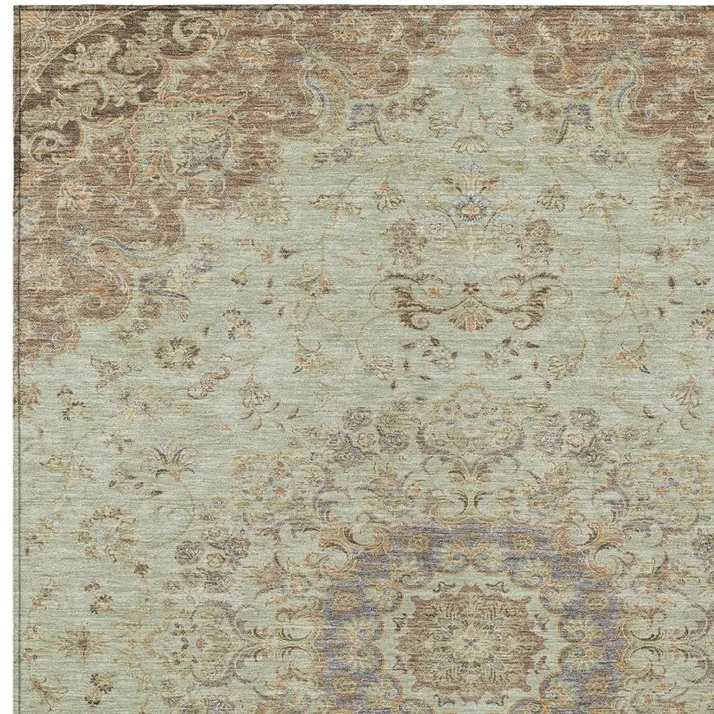 3' X 5' Sage And Brown Floral Medallion Washable Indoor Outdoor Area Rug Homeroots Outdoor