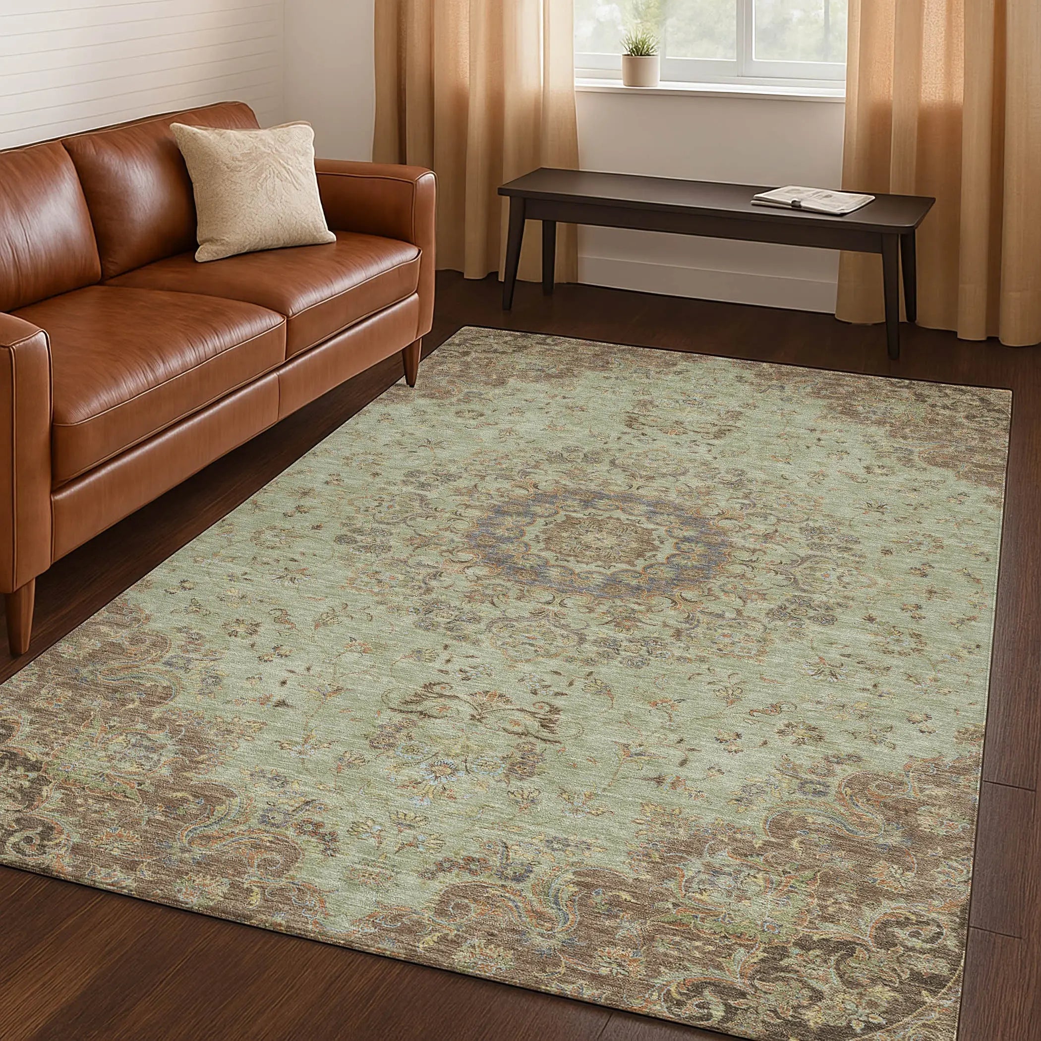 3' X 5' Sage And Brown Floral Medallion Washable Indoor Outdoor Area Rug Homeroots Outdoor