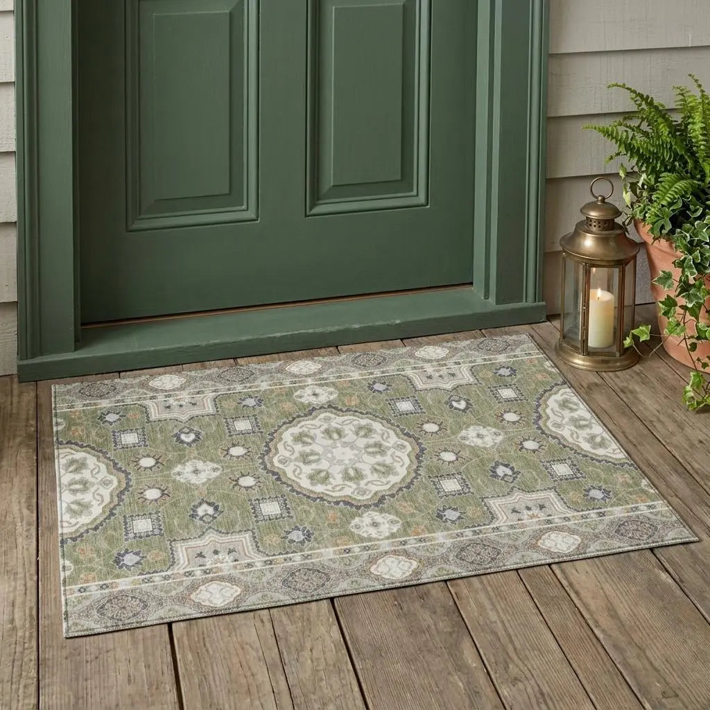 3' X 5' Sage And Green Floral Medallion Washable Indoor Outdoor Area Rug Homeroots Outdoor