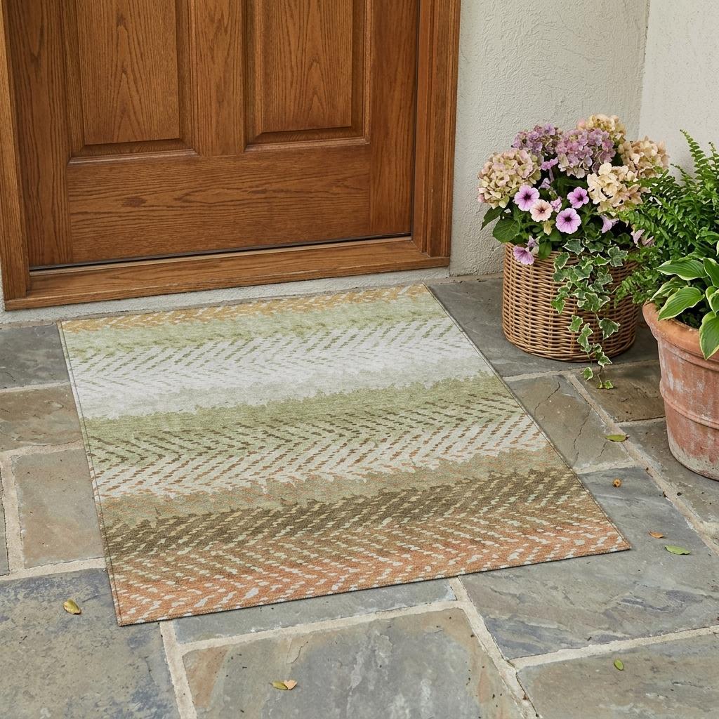 3' X 5' Sage And Green Striped Washable Indoor Outdoor Area Rug Homeroots Outdoor