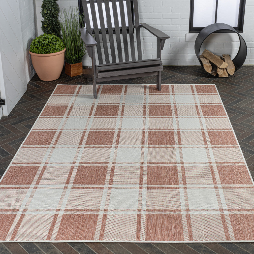 3' X 5' Salmon And Cream Gingham Indoor Outdoor Area Rug - GreatEagleInc