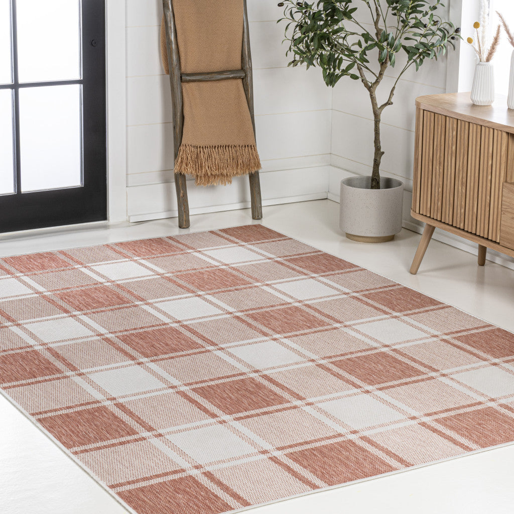 3' X 5' Salmon And Cream Gingham Indoor Outdoor Area Rug - GreatEagleInc