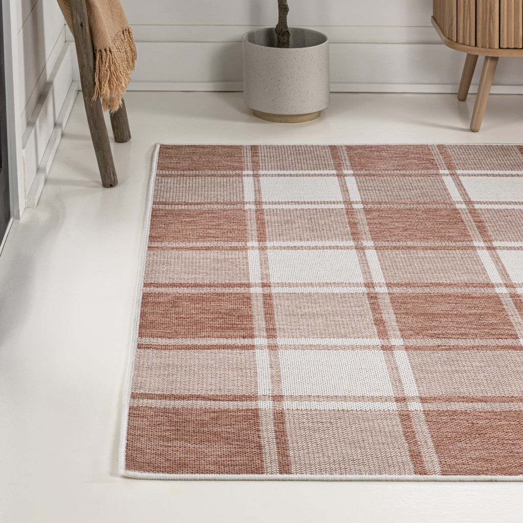 3' X 5' Salmon And Cream Gingham Indoor Outdoor Area Rug - GreatEagleInc