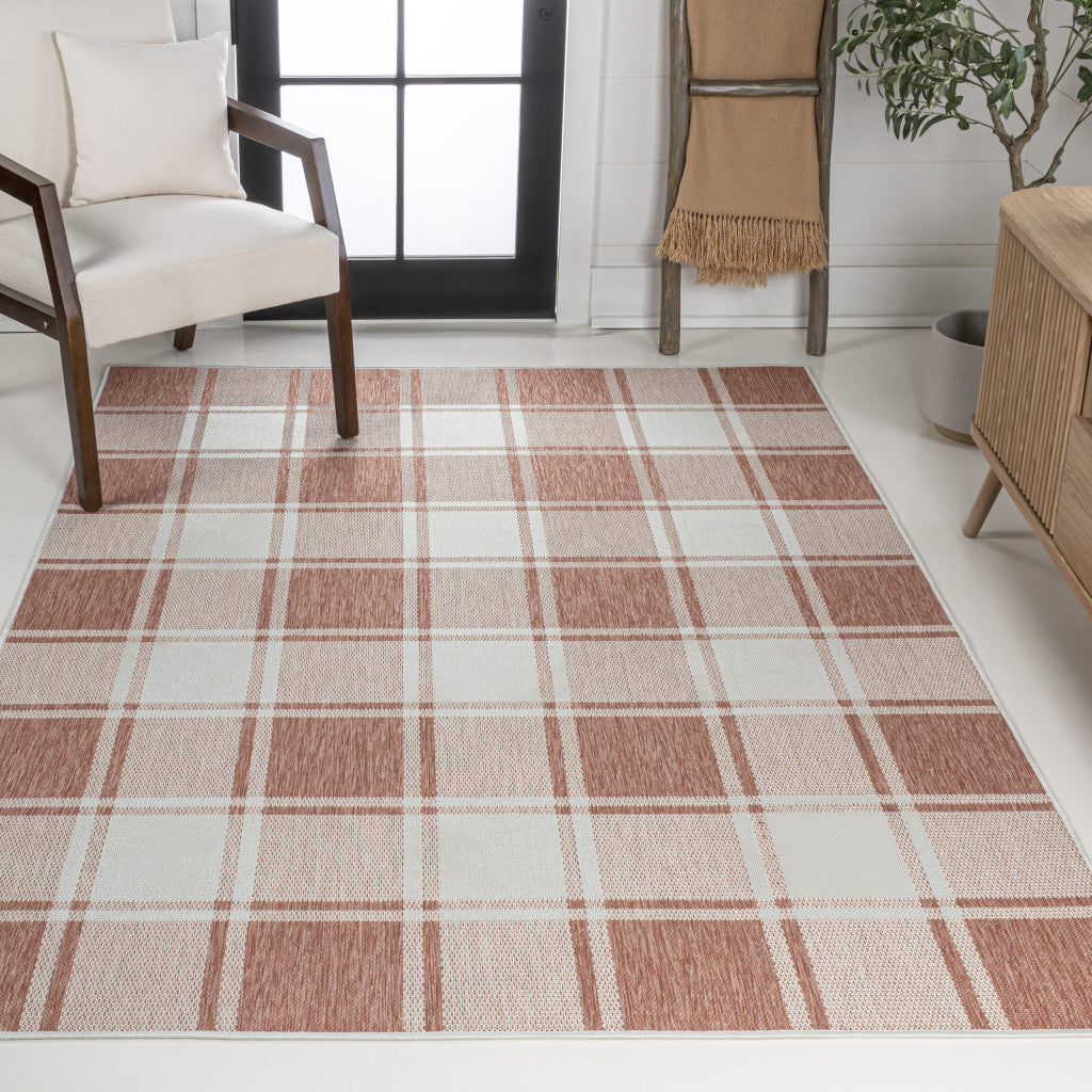 3' X 5' Salmon And Cream Gingham Indoor Outdoor Area Rug - GreatEagleInc