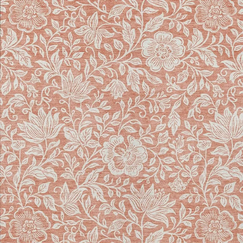 Rust floral pattern on terracotta fabric, featuring delicate white flowers and leaves, perfect for home décor projects.