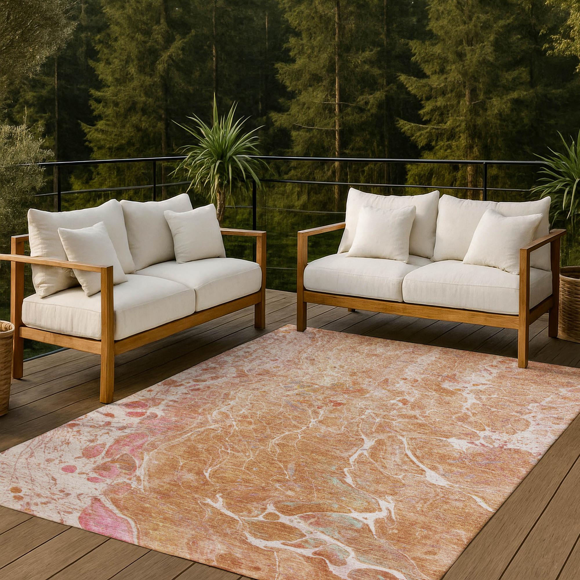 3' X 5' Salmon And Orange Abstract Washable Indoor Outdoor Area Rug Homeroots Outdoor