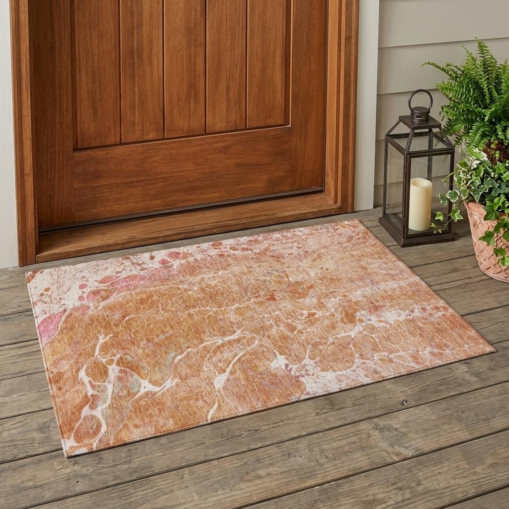3' X 5' Salmon And Orange Abstract Washable Indoor Outdoor Area Rug Homeroots Outdoor